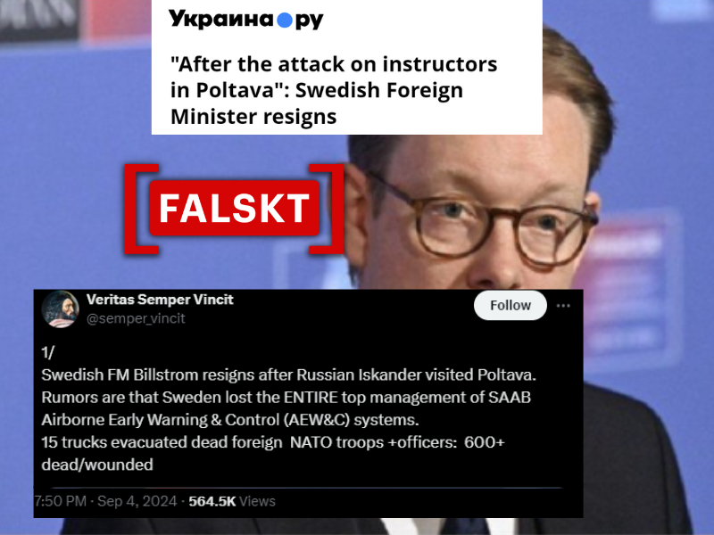 Skärmdumpar av X-post och rysk rubrik som påstår att Sveriges utrikesminister har avgått på grund av militära förluster efter ett ryskt flyganfall i Poltava, Ukraina.